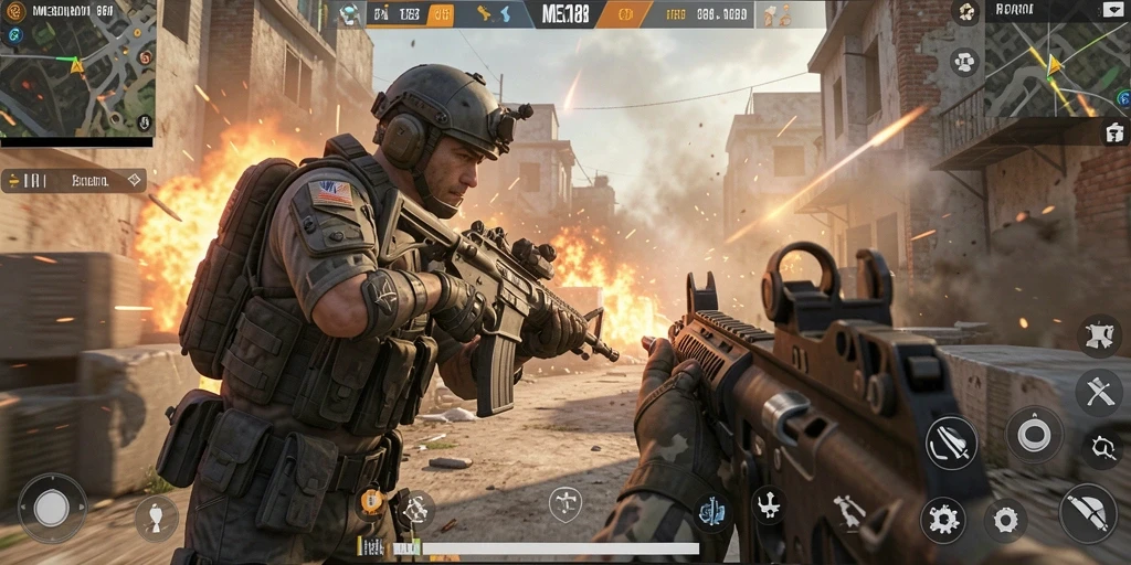 Gambaran aksi pertempuran seru dalam game FPS MEGA188.