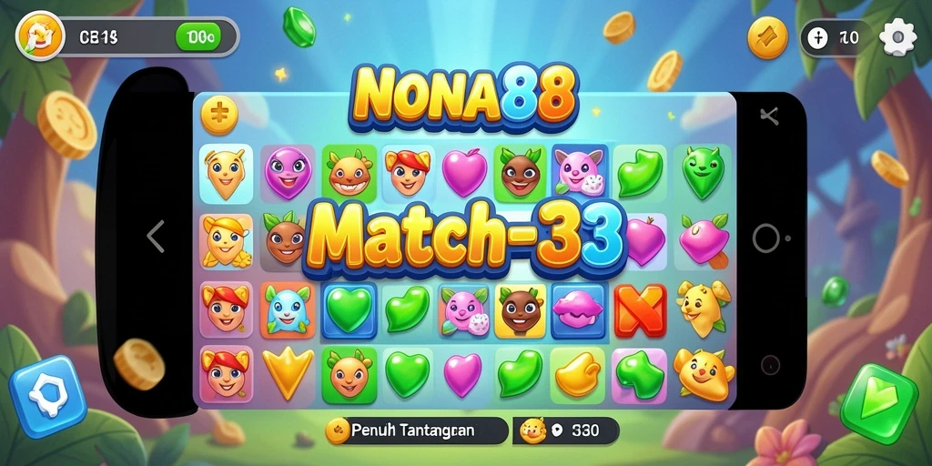 Screenshot utama NONA88 menunjukkan gameplay seru di Match-3.